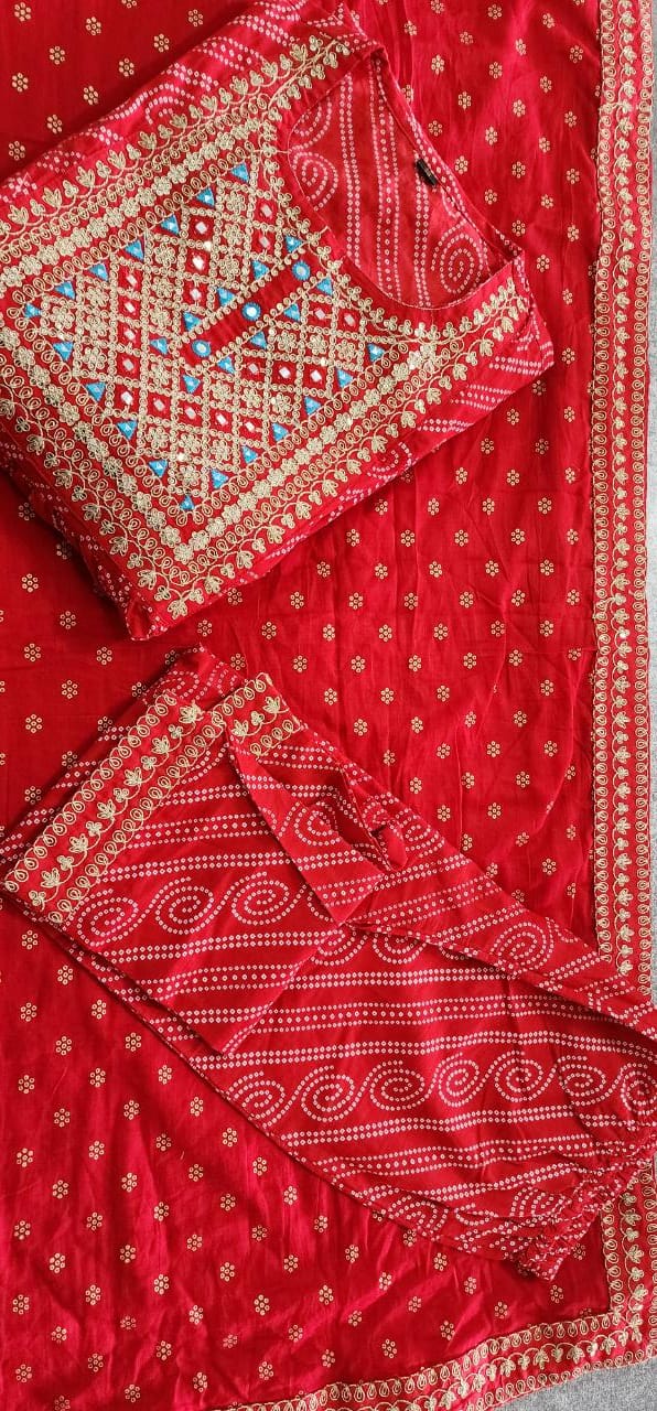 Buy Red Dola Silk Embroidered Suit Set With Bandhani Dupatta by Designer  SCAKHI for Women online at Kaarimarket.com